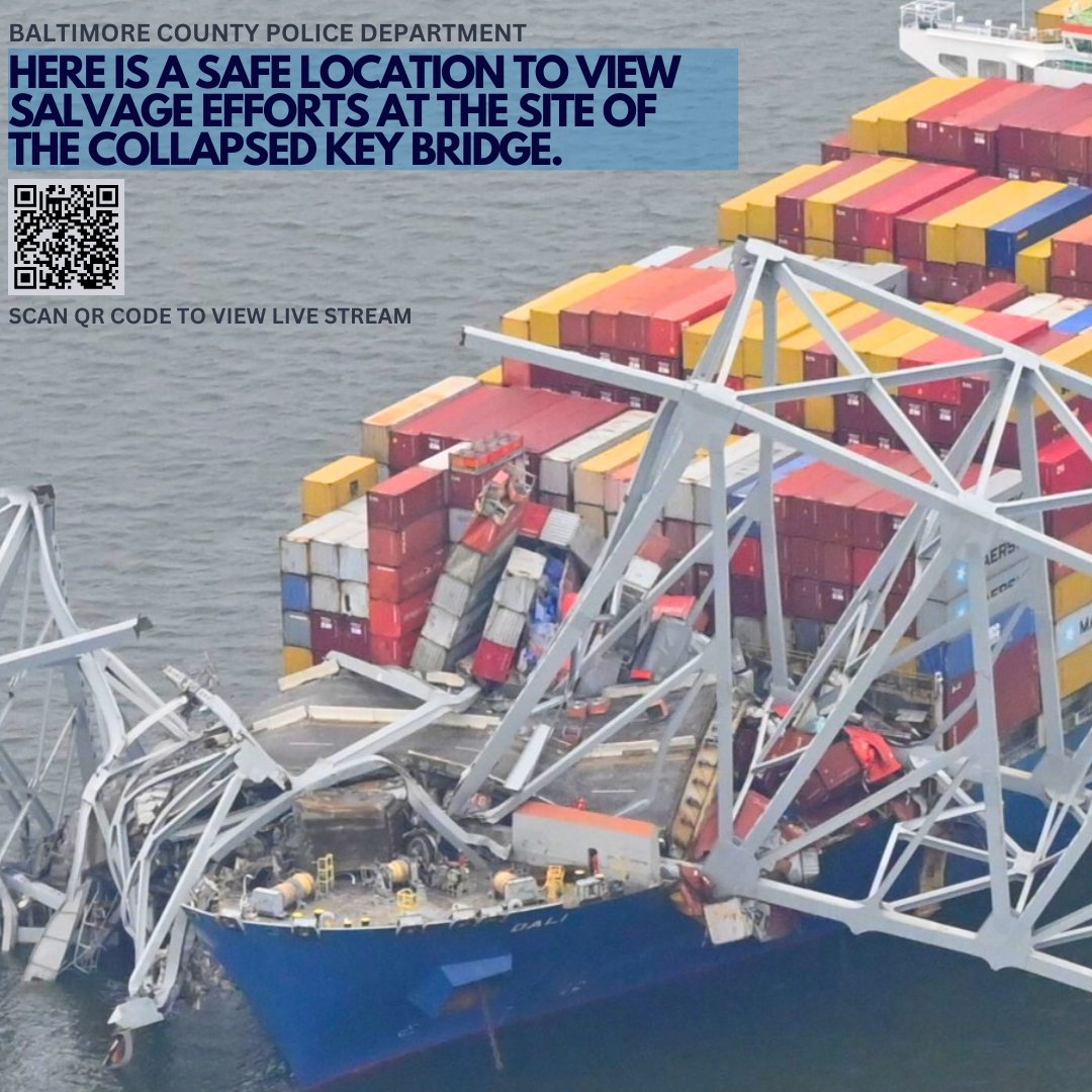 BaltCoPolice's tweet photo. #BCoPD Alert: As salvage efforts continue at the site of the collapsed Key Bridge, there is a safe location where you can watch. Thank you for your cooperation.

View here: https://t.co/NdGAk8oizm https://t.co/TPeTfBbfxV