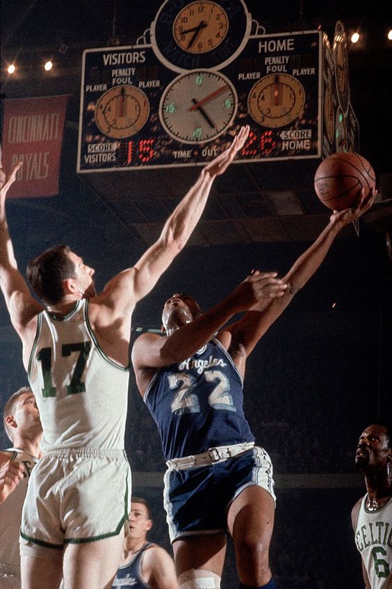 Elgin Baylor shooing over John Havlicek in the 1966 NBA Finals.