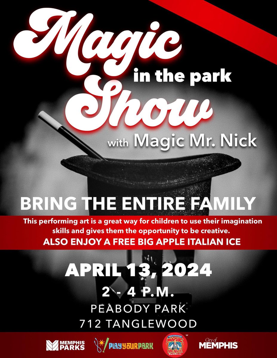 🪄 🎩 Join us for Magic Show in the Park with Magic Mr. Nick on Saturday, April 13, from 2-4 p.m. at Peabody Park! See Magic Mr. Nick perform his famous magic show. 🫧 Plus, enjoy bubble play and free Italian ice from Big Apple Italian Ice! (1/2)