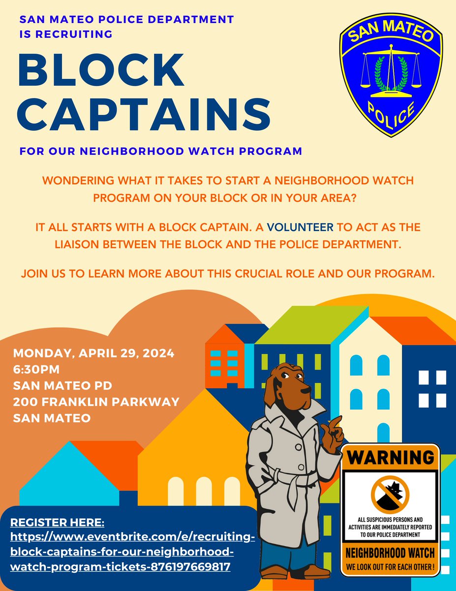 SanMateoPD's tweet photo. We are looking for volunteers in our neighborhoods to act as Block Captains for our Neighborhood Watch Program. If you are interested in building a safer #sanmateo, register to join us for our #blockcaptain recruitment meeting. https://t.co/wpR7qqwamw https://t.co/t73ZZ7NmW9
