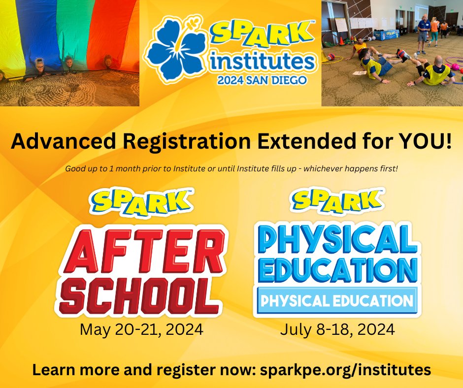 🌺 🌴 SPARK 2024 Institute Advanced Registration Extended for YOU! Learn more & register now: bit.ly/3iwps2l Make your summer vacation a professional development experience of a lifetime! We can't wait to see you in San Diego! #SPARKinstitutes #afterschool #physed