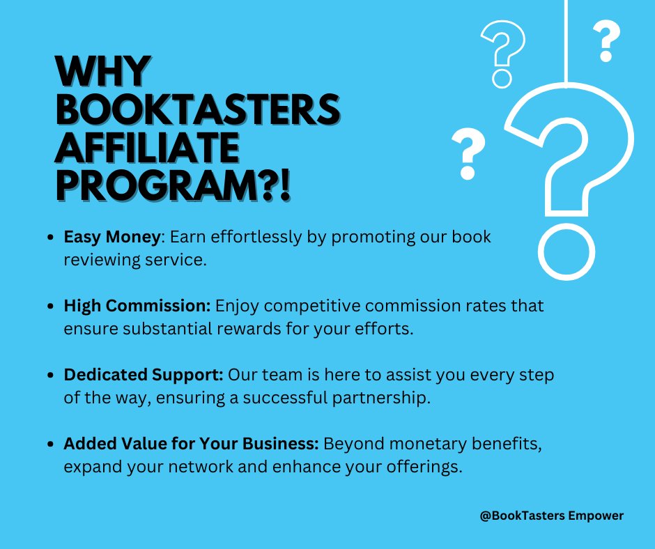 Discover the benefits of joining BookTasters Affiliate Program! 📚💰 #amwriting #amwritingfantasy #writersoftwitter #writerscommunity #writerslife #WritingCommmunity #writinglife #WritingAdvice DM us for further information. 🤩