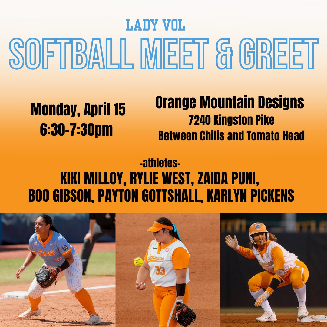 Mark your calendar for a HOMERUN EVENT 🥎 Orange Mountain Designs is hosting LADY VOL SOFTBALL team members for a special meet and greet! Come for photos, autographs and high-fives @rylie_lillie @KikiMilloy @zaidapuni_ @PickensKarlyn @mckennakgibson @pgott33