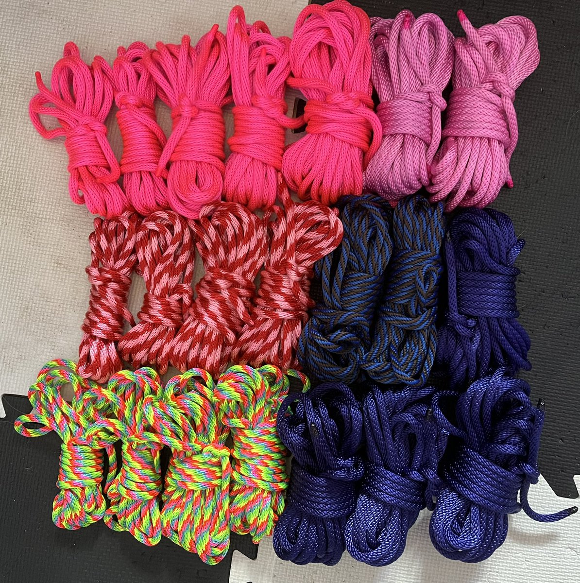 VioletteBound's tweet photo. My current nylon rope stash is coiled and ready for our local public rope event. I’m definitely going to be on my best behaviour 😈🪢 #ropecommunity #shibari #shibariselftie #nylonrope #femalerigger #brat #ropebondage https://t.co/AsxK9pJr2p