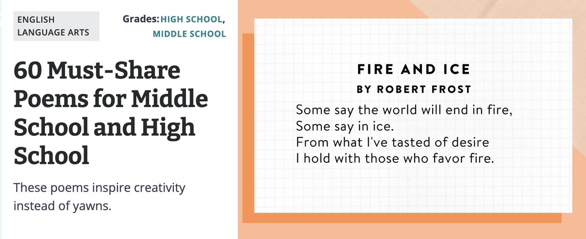 📚60 Must-Share Poems for Middle School and High School📚

sbee.link/xyv9gthpcd  via @weareteachers
#PoetryMonth #engchat #ela #mschat #hschat