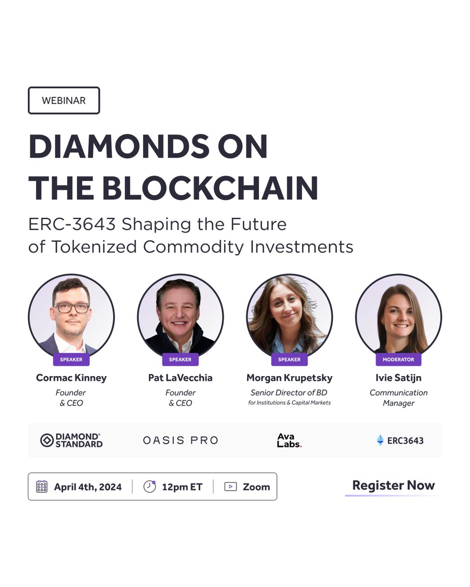 💎 Dive deeper into the future of investments with our exclusive webinar: Diamonds on The Blockchain: ERC-3643 Shaping the Future of Tokenized Commodity Investments. 🗓️ Mark Your Calendar: April 4th, 12:00PM ET Secure Your Spot: erc3643.org/event/diamonds… Explore the…
