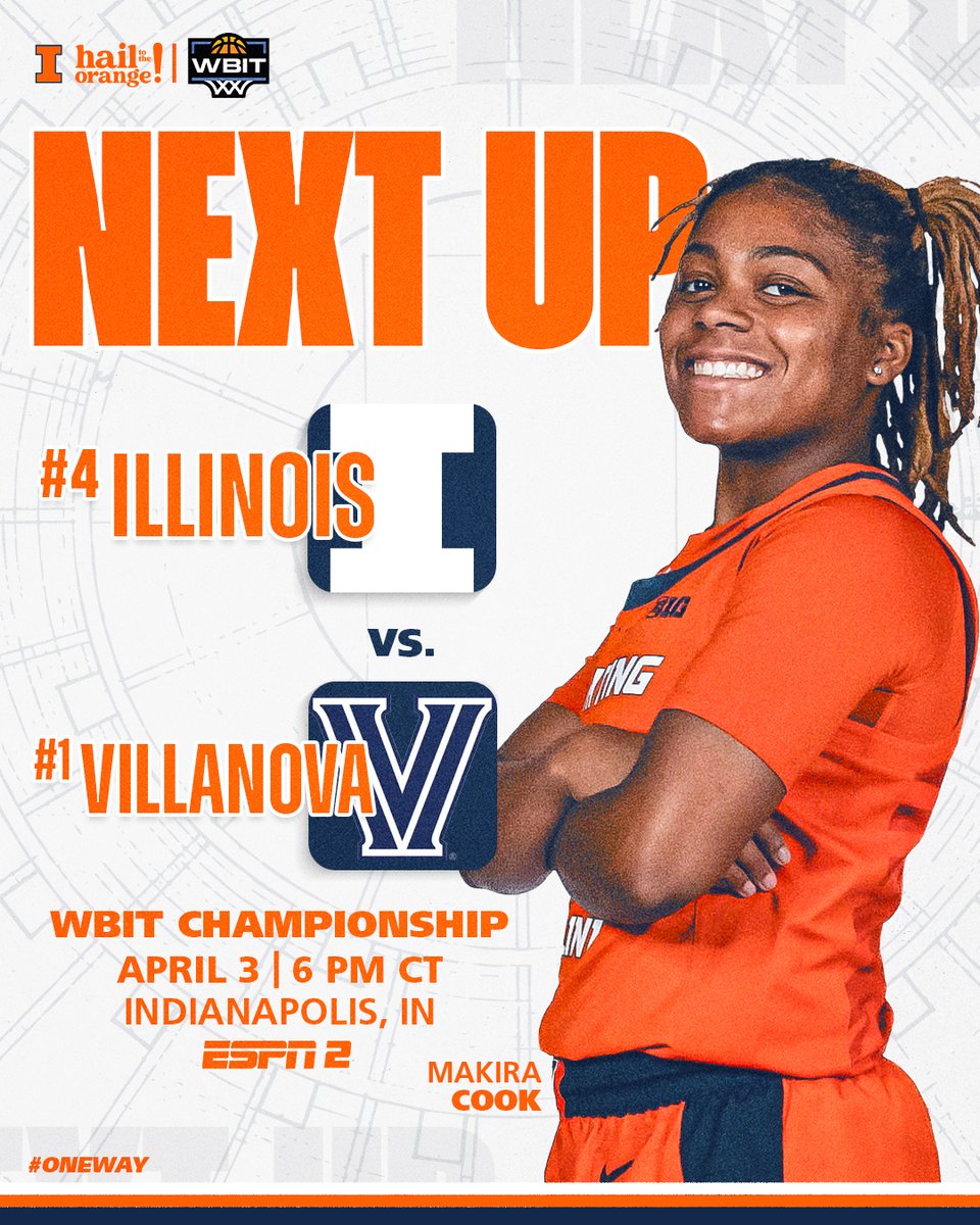 Playing for the WBIT Championship tomorrow 🔶🔷 🆚 [1] Villanova 📍 Hinkle Fieldhouse // Indianapolis, Ind. 🕓 6 PM CT // 7 PM ET 📺 ESPN2 🎟️ ow.ly/Oiye50R5yk9 #Illini | #HTTO | #OneWay