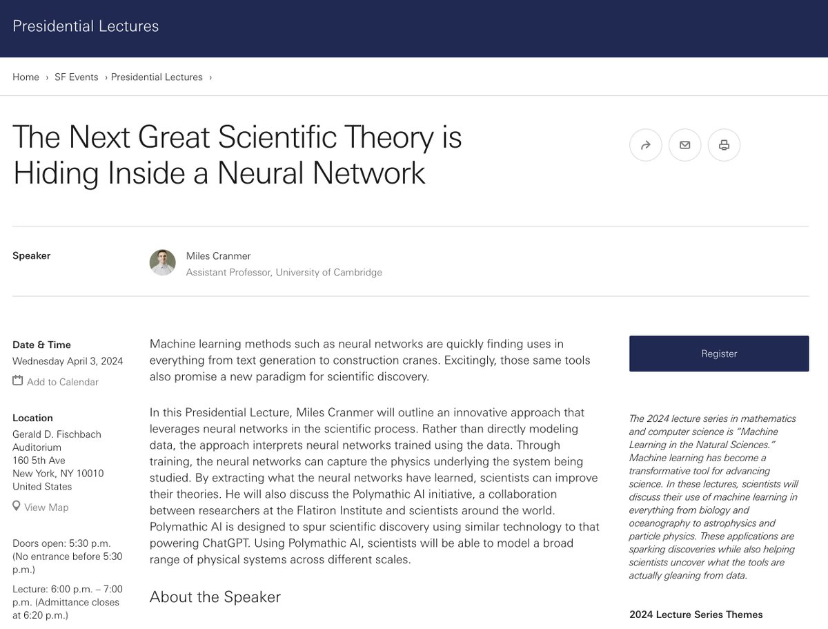 Giving the Presidential Lecture tomorrow at @SimonsFdn @FlatironInst: 'The Next Great Scientific Theory is Hiding Inside a Neural Network' simonsfoundation.org/event/the-next… Will be in NYC until the 10th – please get in touch if you would like to chat!