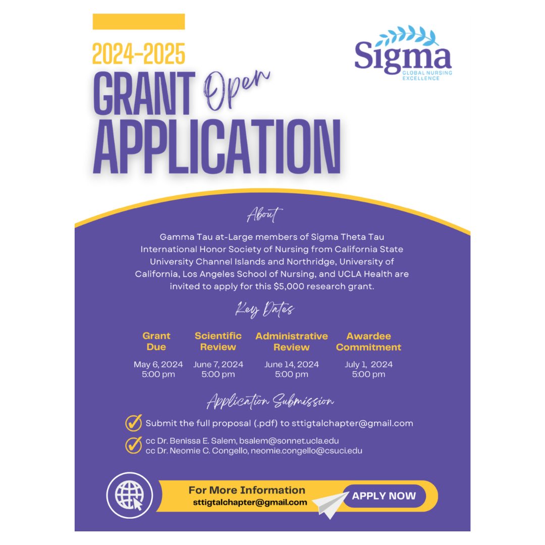 GTALofSigma's tweet photo. Attention GTaL Members: Calling for Research and EBP Proposals - Due 5/6/24
#sigmanursing @SigmaNursing #UCLA #UCLAHealth #CSUN #CSUCI https://t.co/TjJpHX6kNg