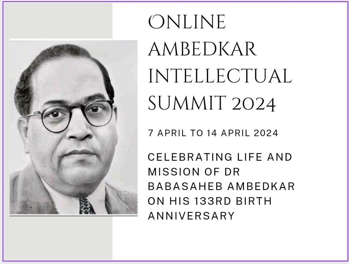 KhalidAAnsari4's tweet photo. Excited to be speaking in the Online Ambedkar Intellectual Summit 2024 on 13 April, 7-8 pm.

Registration Link: https://t.co/NkYQWCpUMr

The schedule (7-14 April 2024)

7 April 2024
5.00 pm to 6.00 pm
Peter Friedlander: Ambedkarite Cultural Identity and the Bahujan Movement: Multi-culturalism challenges and opportunities
8.00 pm to 9.00 pm
Varsha Aiyyar: Dr. Babasaheb Ambedkar as Sociologist

8 April 2024
7.00 pm to 8.00 pm
Jai Singh: Exhibiting People’s movement for emancipation and empowerment
8.30 pm to 9.30 pm
Komal Razak: Babasaheb Ambedkar, Hindu Code Bill, and Women Liberation

9 April 2024
7.00 pm-8.00 pm
Anil Wagde: Dr. Babasaheb Ambedkar, Technology and Anticaste Struggle in USA.
8.30 pm to 9.30 pm
Dr Sylvia Karpagam: Public/Medical Health and Ambedkarism

10 April 2024
7.00 pm to 8.00 pm
Uday Jain: Dr. Babasaheb Ambedkar and WEB DuBois
8.30 pm to 9.30 pm
Minal: Babasaheb Ambedkar and educational movement

11 April 2024
7.00 pm to 8.00 pm
Rajkumar Hans: Dr. Babasaheb Ambedkar and Sikhism
8.00 pm to 9.00 pm
Scott Stroud: The Power of Ambedkar’s Pragmatism

12 April 2024
7.00 pm to 8.00 pm
Gopal Guru: Dr. Babasaheb Ambedkar’s Conception of Slavery
8.30 pm to 9.30 pm
Jesus Chairez: Untouchability as a political idea: The political thought of B.R. Ambedkar

13 April 2024
5.00 pm to 6.00 pm
Shibi Peter
Vice President, Kerala Council of Churches: Ambedkar and Christianity
7.00 pm to 8.00 pm
Khalid Anis Ansari: Dr. Babasaheb Ambedkar and Pasmanda Muslim Movement
8.30 pm to 9.30 pm
Dhananjay Wanjari: Dr. Babasaheb Ambedkar and Manyavar Kanshiram

14 April 2024: Bhim Jayanti
2.00 pm-3.30 pm
Stephen Batchelor: Babasaheb Ambedkar and Buddhism