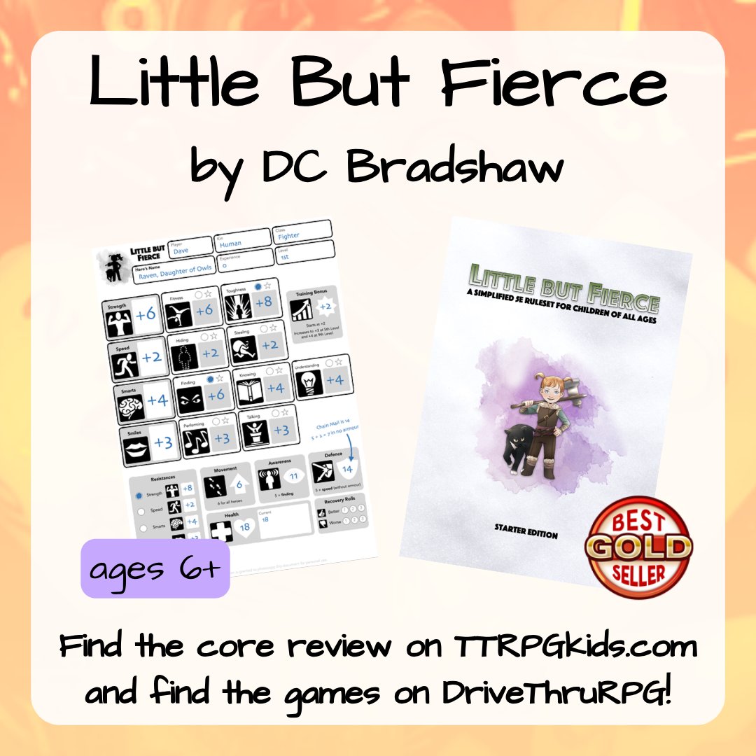 If you're looking to try out 5e with kids, Little But Fierce by 
@dcbradshawRPG is a gold best seller JUST FOR THIS with plenty of extra adventures to keep your stories going!

#TTRPGkids #DnDkids #DnD #DnDforkids #TTRPG