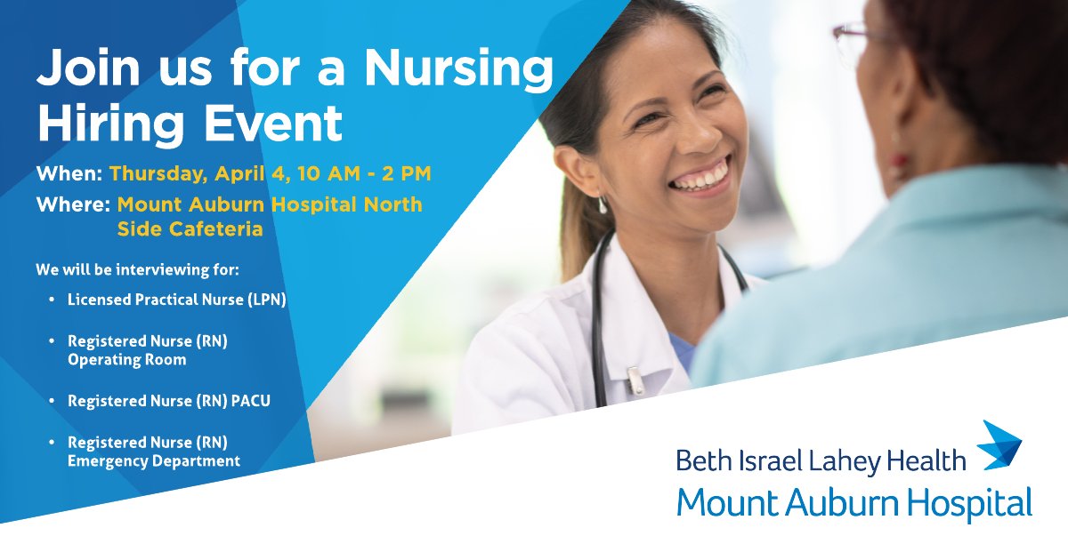 Interested in nursing opportunities with Mount Auburn Hospital? Join us for an in-person hiring event, this Thursday, April 4th, from 10 AM to 2 PM. The event will be held in our North Side Cafeteria on the 2nd floor. Learn more and RSPV: indeedhi.re/3PLOoQQ