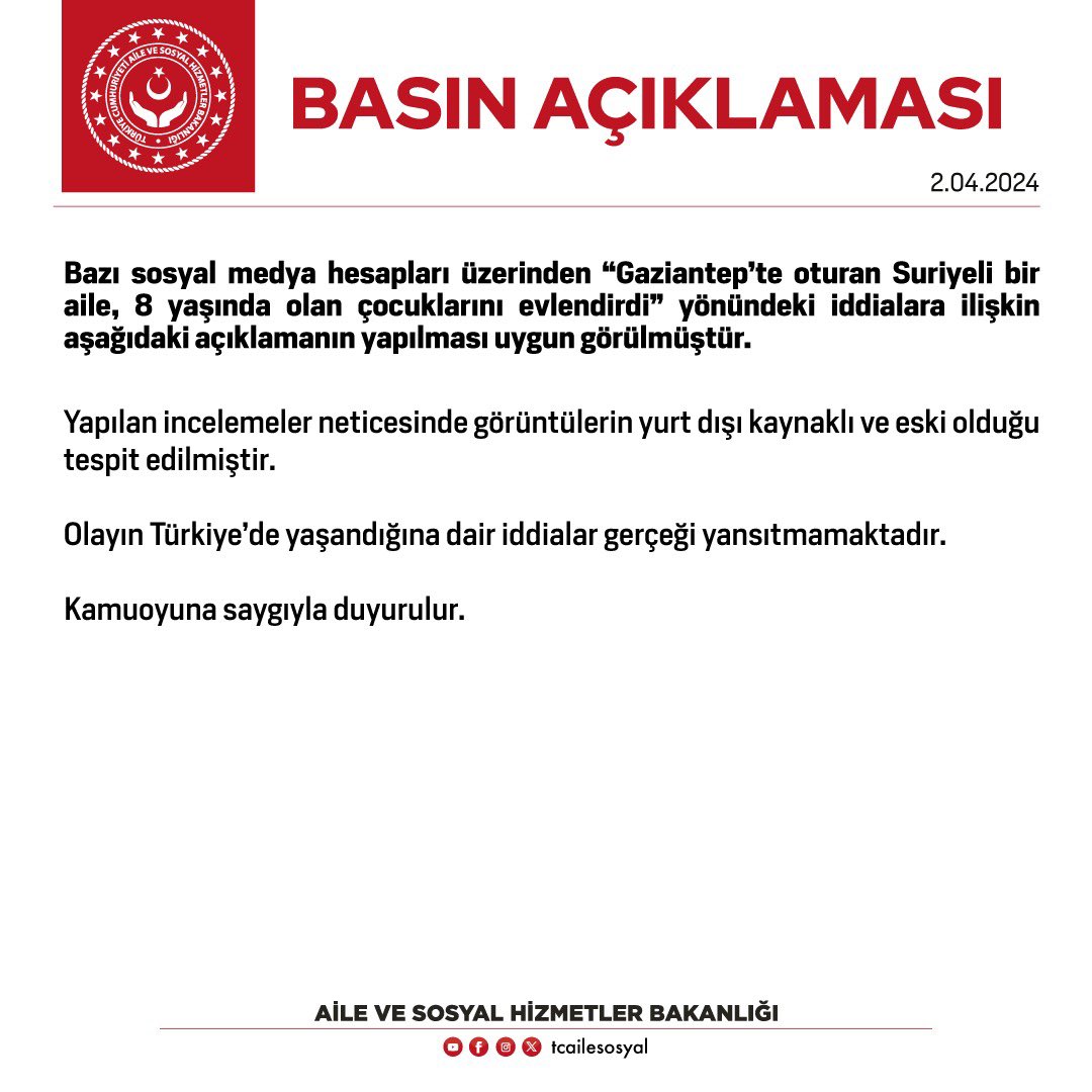 Bazı sosyal medya hesapları üzerinden “Gaziantep’te oturan Suriyeli bir aile, 8 yaşında olan çocuklarını evlendirdi” yönündeki iddialara ilişkin basın açıklamamız.❗️