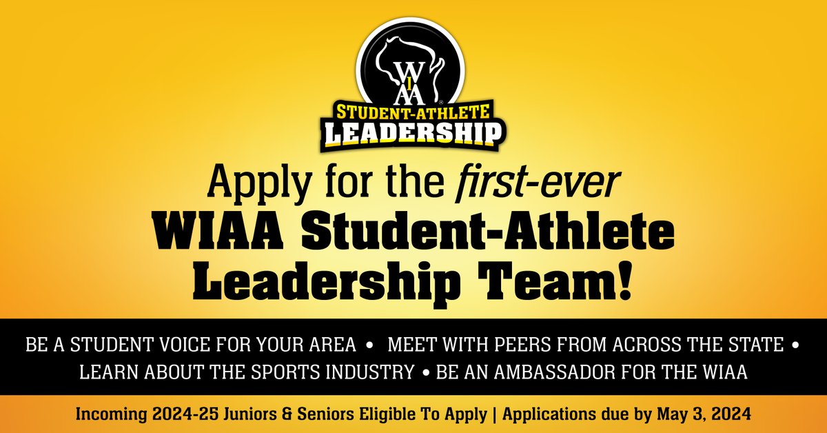 Applications are now being accepted for the first-ever WIAA #StudentAthleteLeadership Team! This diverse group of student-athletes will serve as ambassadors for their peers &amp; the <a href="/wiaawi/">WIAA</a>.

Students can learn more and apply at bit.ly/3PJrpWI.