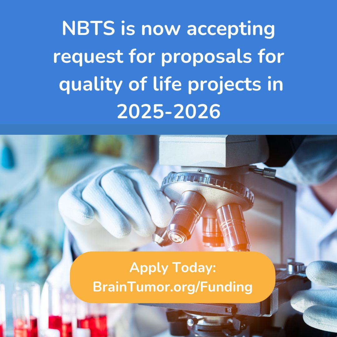 NBTS is pleased to announce a request for proposals for #qualityoflife projects. This award will support innovative patient-centered QoL research designed to address critical problems or barriers to progress: BrainTumor.org/Funding @DanielleDLeach @BethanyKwan @TheLizArmy