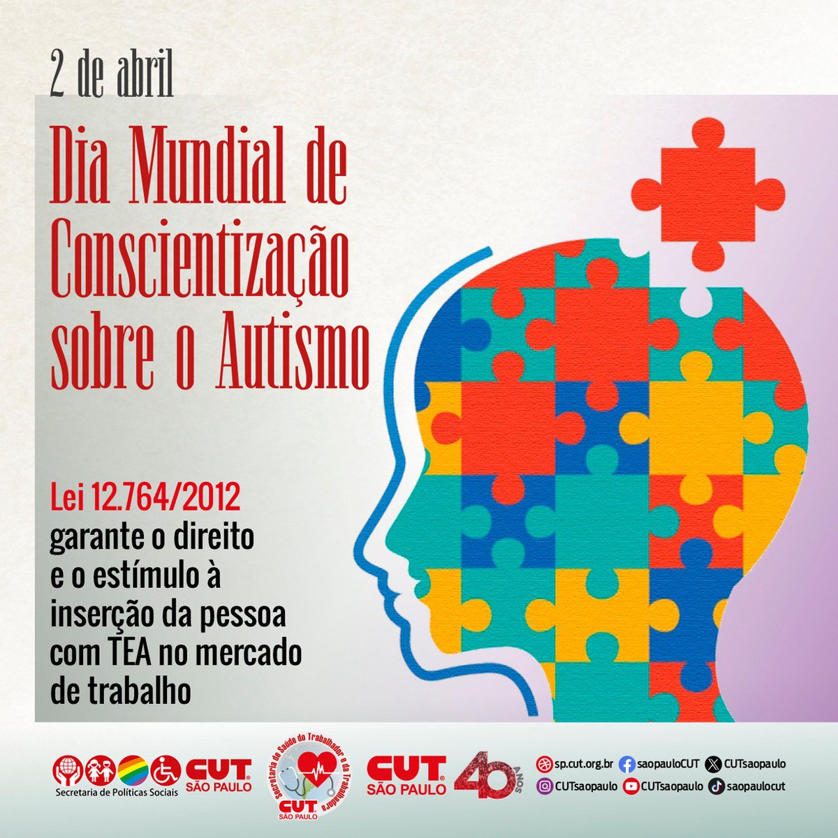 CUTsaopaulo's tweet photo. Criado pela ONU, o Dia Mundial sobre o Autismo, neste 2 de abril, tem o objetivo de divulgar informações que ajudem reduzir a discriminação e o preconceito em torno das pessoas que vivem e convivem com o Transtornos do Espectro Autista (TEA) +
#CUTsp #Sindicato #Autismo #Inclusão https://t.co/5A3L0fTmXY