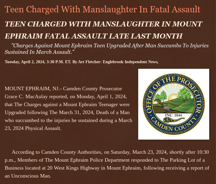 ArtFletcher9's tweet photo. Tuesday, April 2, 2024
#Teen #Charged With #Manslaughter In #FatalAssault
@TEEN #CHARGED WITH #MANSLAUGHTER IN #MOUNTEPHRAIMNJ @FATALASSAULT LATE #LAST #MONTH #CamdenCountynj #collingswoodnj #death @wireless_step @HRG_Media @LodiNJNews @Breaking911 @Breaking24_7 @gator4kb18 @MichelleF_35 @TrumpWasRite @USATRUMPMAN1 @Heather46389844 @SugarMAGA @SarahGeving1 @KathyKbrose @juliepatriot67 @JulieBr18799338 @julie_dutto @ECOAlphaTango @steder74 @jimstemen @JimBobW49 @_Told_U_So_ @Shannon96574094 @LaurenStan79605 @SAM002024 @Y6s8D8vmnCo394k @Kimberley1usa @janninereid1 @JKash000 @TJ_Patriot1 @1stMzZee