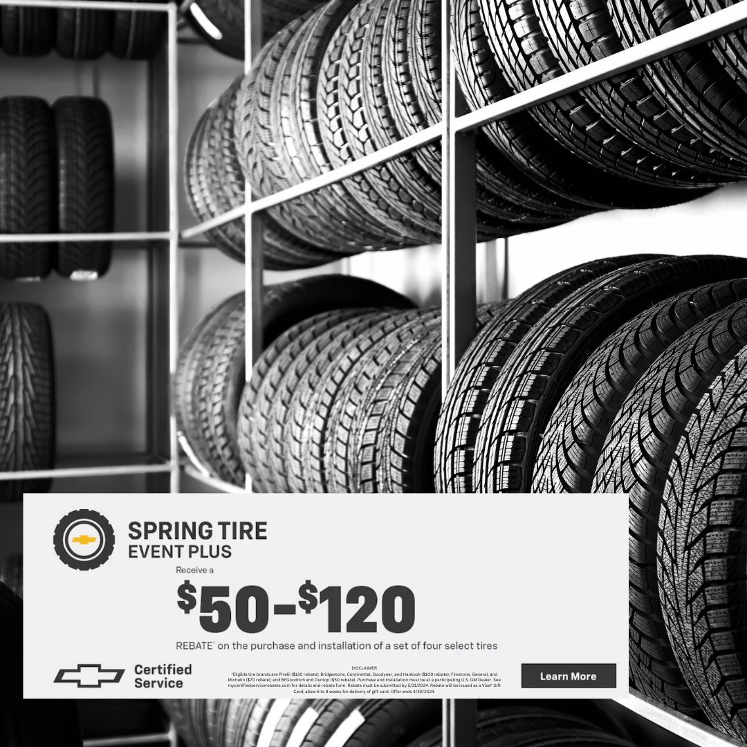 SteetPonteChevy's tweet image. Revitalize your ride for spring with our tire sale at Steet Ponte Chevy! Save big on top tire brands until 4/30/2024. Don't miss out! 🌼🚗 #SpringTireSale #SteetPonteChevy #SaveOnTires