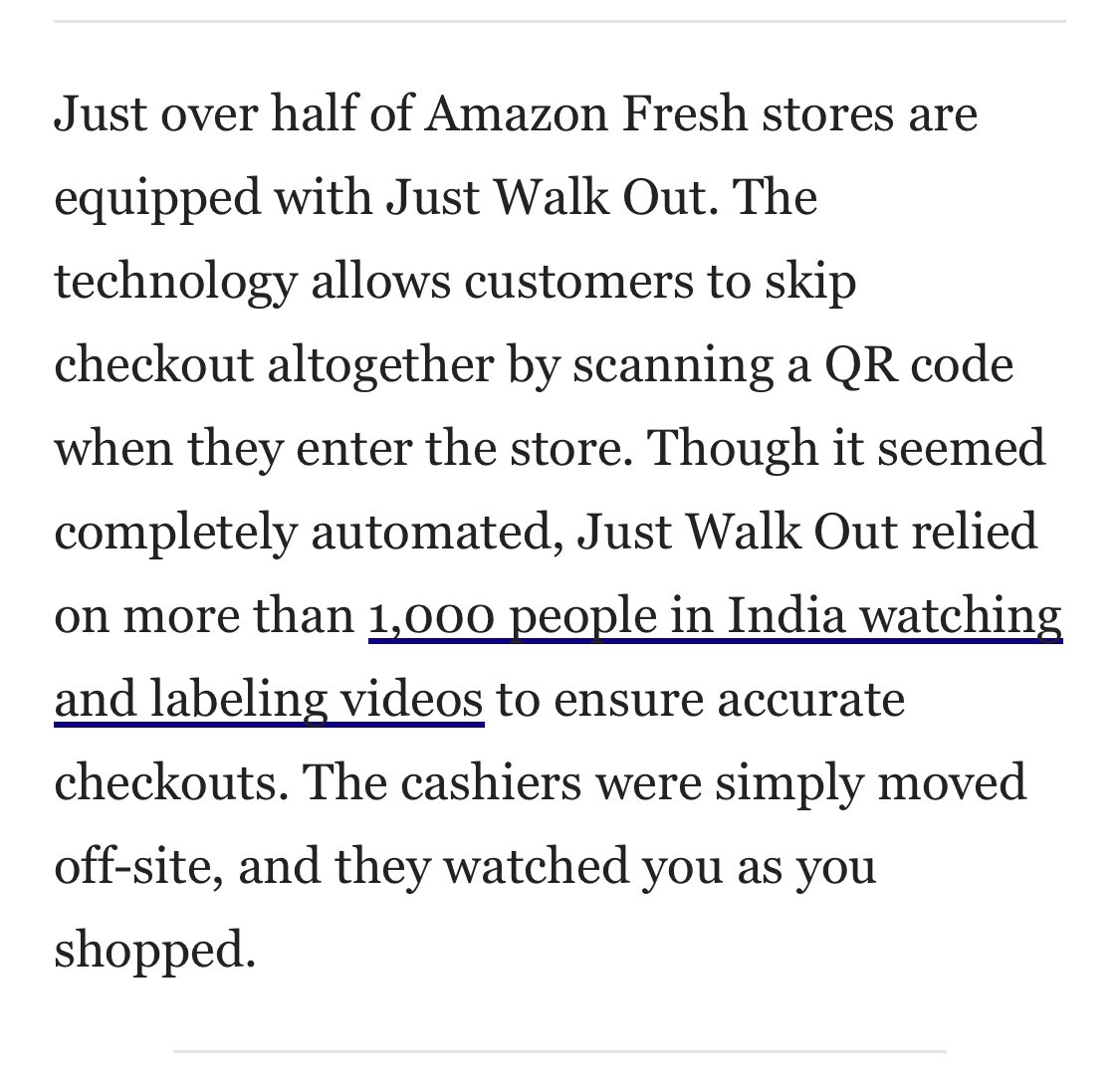 how had I never heard these places were just powered by a bunch of cheap labor watching you. amazing how much of the tech world is just snake oil at this point.