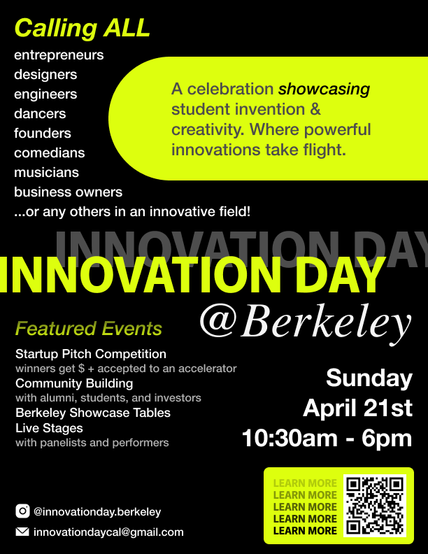 Berkeley Innovators (@calinnovators) on Twitter photo Interested in seeing all varieties of <a href="/UCBerkeley/">UC Berkeley</a> student #innovation showcased in one place on one day? Check out Innovation Day, 4/21 on campus! Alumni and Investor RSVP link here:
tinyurl.com/InnovationDayB… Interested in seeing all varieties of <a href="/UCBerkeley/">UC Berkeley</a> student #innovation showcased in one place on one day? Check out Innovation Day, 4/21 on campus! Alumni and Investor RSVP link here:
tinyurl.com/InnovationDayB…