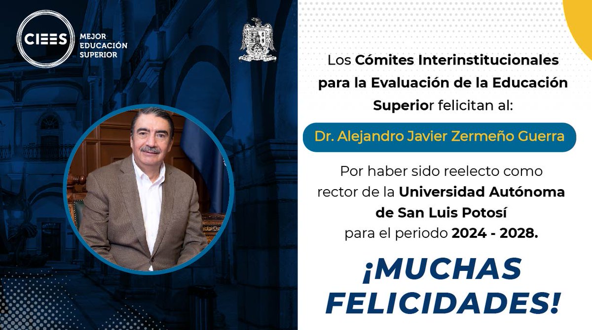 🏫 #Universidades Extendemos nuestra felicitación al Dr. @ZermenoDr por haber sido reelecto por el Consejo Directivo Universitario de @LaUASLP. Deseamos mucho éxito en este nuevo periodo de gestión y reiteramos nuestro compromiso en pro de calidad educativa.