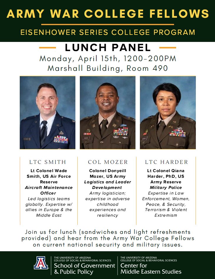 University of Arizona Intl Security Studies (@uarizonaiss) on Twitter photo Want to get the latest on national security and military issues? <a href="/uazsgpp/">School of Government & Public Policy</a> is hosting an Eisenhower Series panel with three military officers from the <a href="/us_awc/">U.S. Army War College</a> on April 15th. Want to get the latest on national security and military issues? <a href="/uazsgpp/">School of Government & Public Policy</a> is hosting an Eisenhower Series panel with three military officers from the <a href="/us_awc/">U.S. Army War College</a> on April 15th.