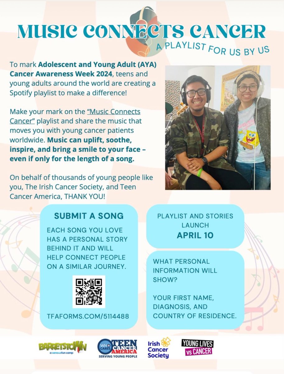 🎵🎶 “𝕄𝕦𝕤𝕚𝕔 ℂ𝕠𝕟𝕟𝕖𝕔𝕥𝕤 ℂ𝕒𝕟𝕔𝕖𝕣” 💛 To mark Adolescent & Young Adults #CancerAwareness Week 2024 - @IrishCancerSoc have partnered with @TeenCancerUSA + @YLvsCancer & @Barretstown and invite you to create our global @Spotify Playlist at👇🏼 tfaforms.com/5114488
