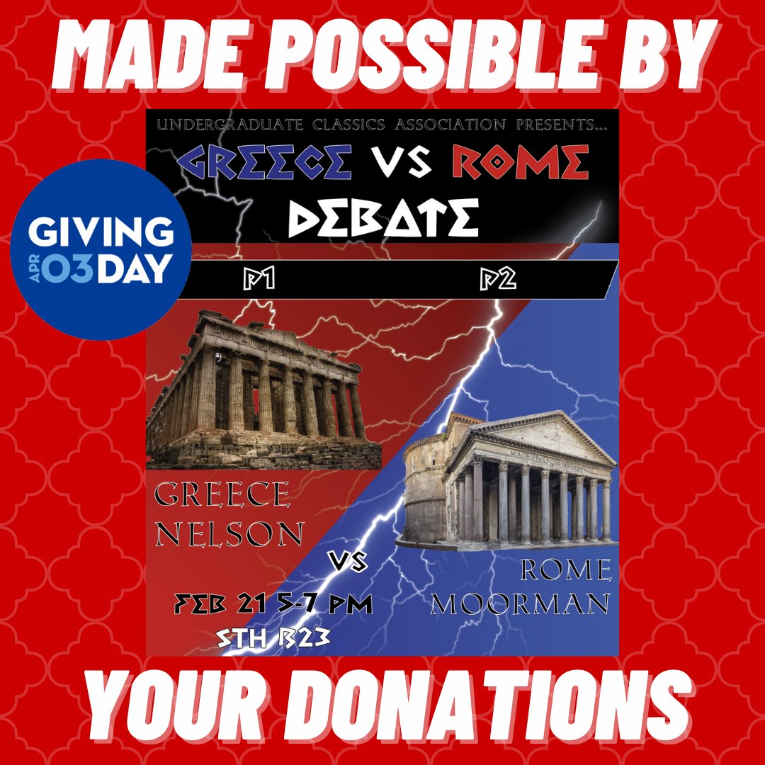BUClassics's tweet image. Across the academic spectrum, students &amp;amp; teachers  engage in heated debates around who was the best ancient classical civilization: Greece or Rome? By giving to the Classics Department, conversations like these may continue to capture the attention of undergrads for years to come