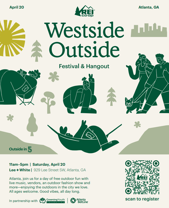 Mark your calendars and join us on April 20th for a day of enjoying the great outdoors as @REI presents Westside Outside! From 11am–5pm, the free festival and hangout will have activities for all ages including live music, local vendors, and more! ☀️🌲 #leeandwhite #westend #atl