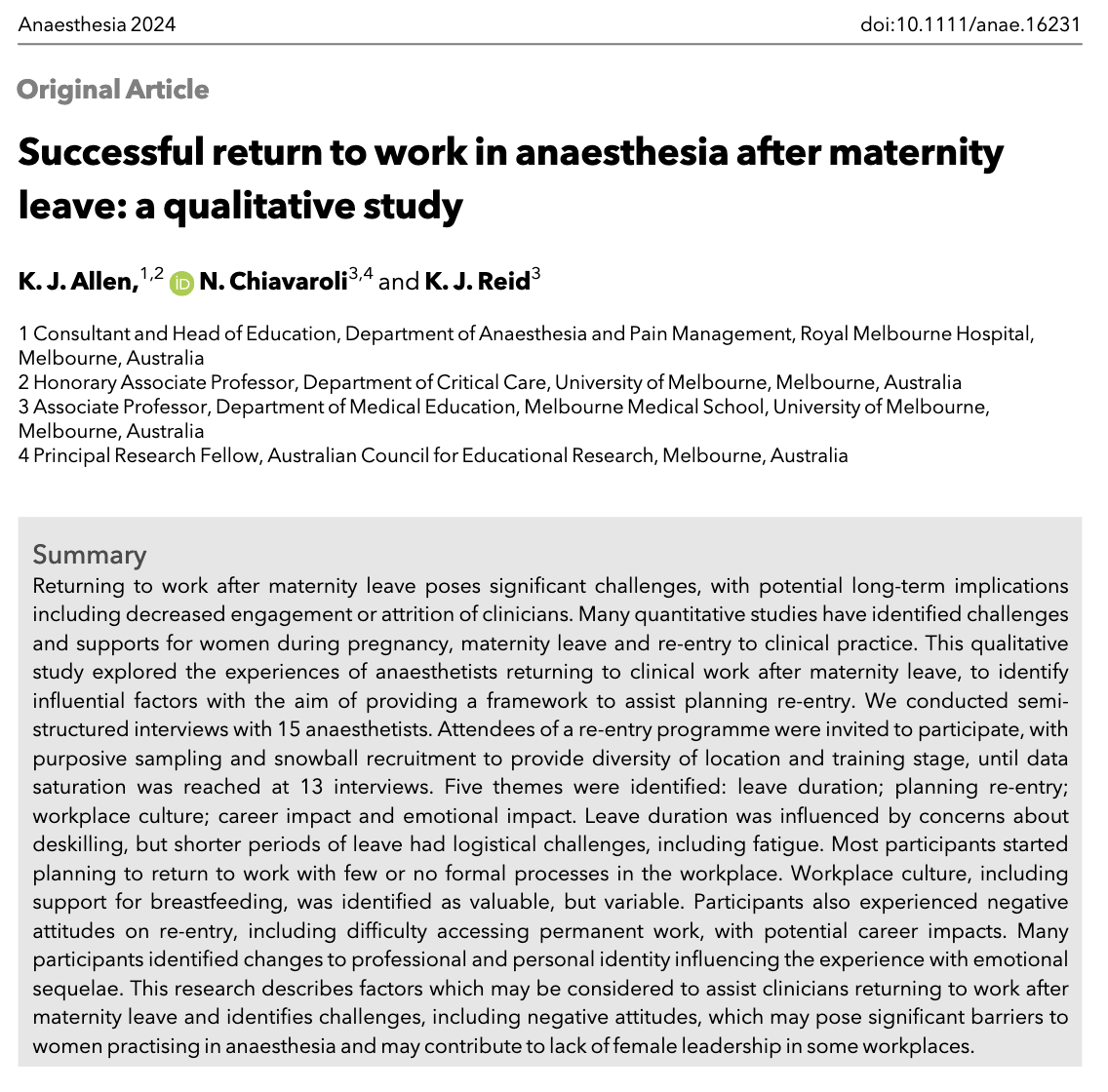 Anaes_Journal's tweet image. 🔓Successful return to work in anaesthesia after maternity leave: a qualitative study

@ergopropterdoc 

#FreeForAWeek

🔗…-publications.onlinelibrary.wiley.com/doi/10.1111/an…