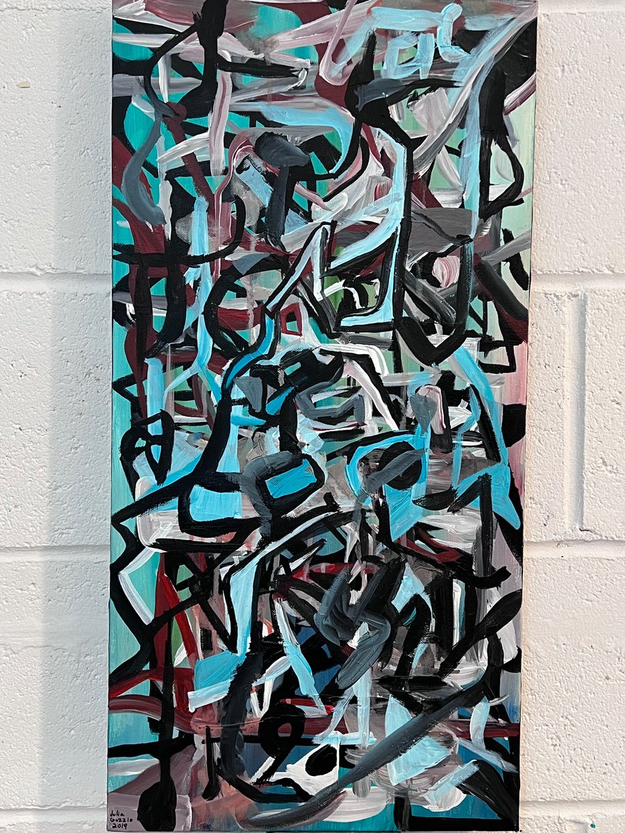 One of my abstract paintings. I was influenced by Lee Krasner’s early work. Lee Krasner’s early paintings were influenced by Hebrew lettering. My painting is purely abstract and looser in form and composition than an early Lee Krasner painting. #juliaguzzio #art #painting