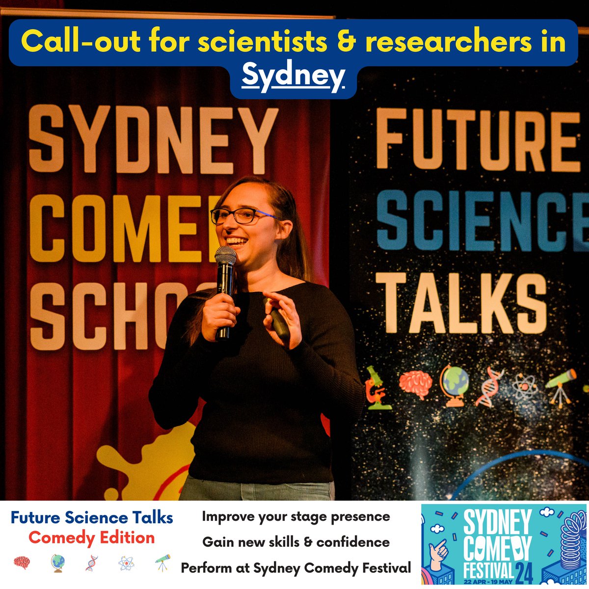ScienceTalksAU's tweet photo. The Sydney #ScienceComedyProgram starts Saturday. 5 positions are still available 🧑‍🔬

Discover story-telling techniques that wow audiences 🤩 enhance your career 💪 and increase your potential to gain new funding 💰

Program info: https://t.co/Zki8WrLDpO

#sciencecommunications https://t.co/ynjgb9yVLi