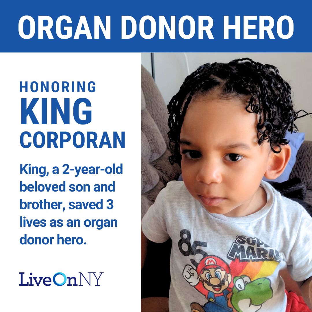 King, a precious 2-year-old New Yorker who tragically died in an apartment fire last week, became an organ #donorhero. #LiveOnNY can now confirm that King saved the lives of 3 people, ranging from an infant to 55 years old giving them a second chance at life.