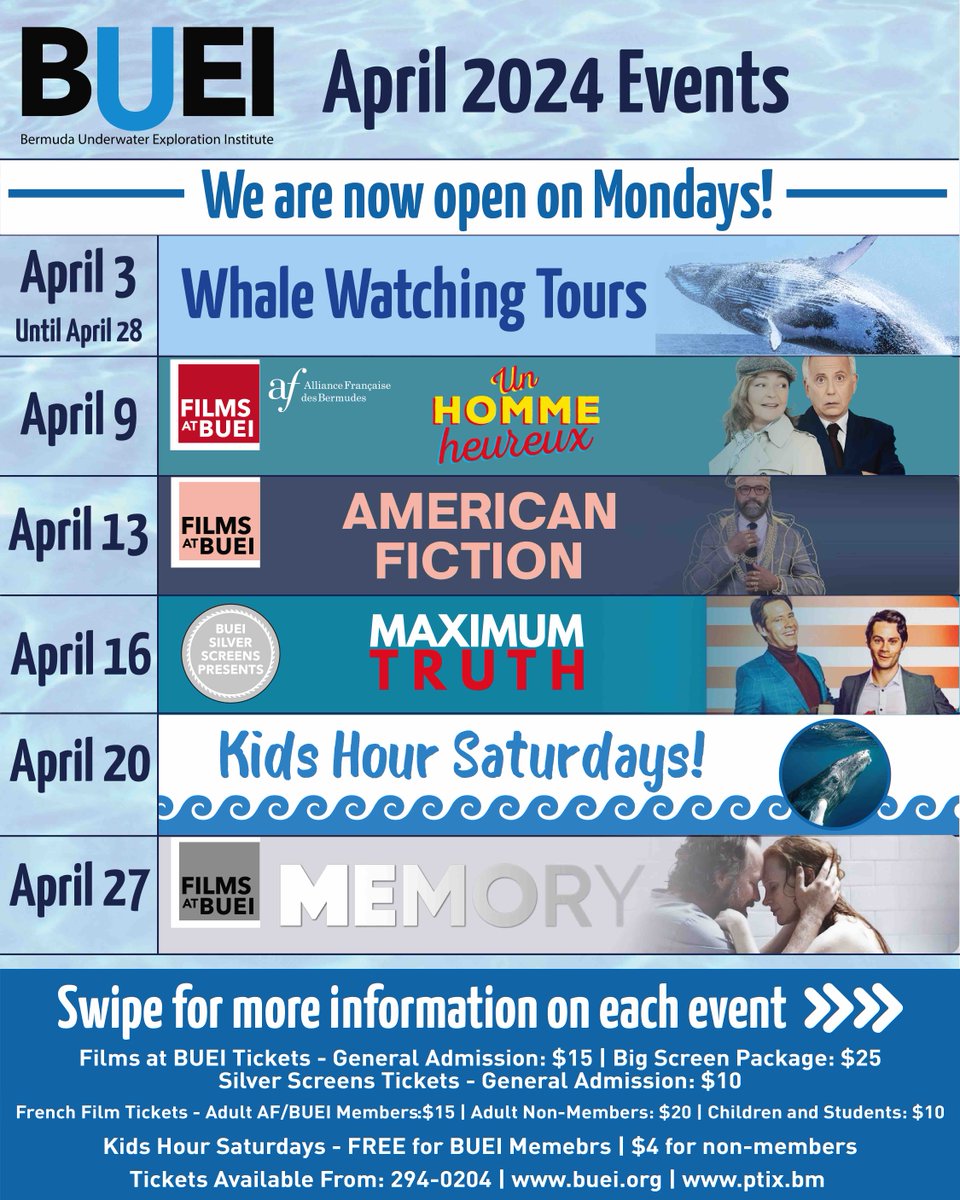 Anchors aweigh! ⚓ April showers bring BUEI flowers (of events)! We’re now open Mondays! Don’t miss out - visit our website (link in bio) or call 294-0204 for tickets! #WhatsHappeningAtBUEI #BUEIEvents #Bermuda