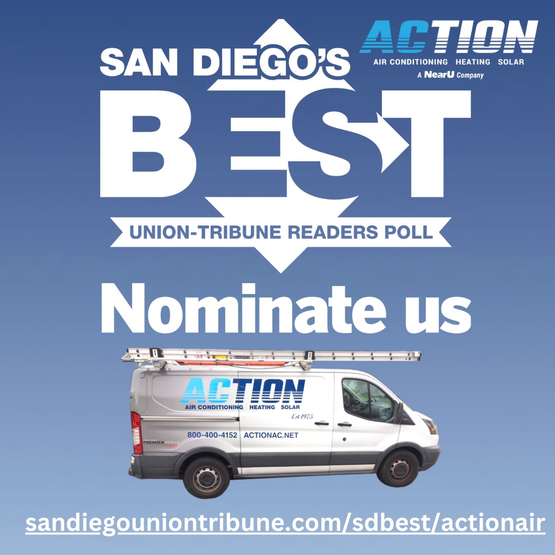 ActionAirCA's tweet photo. ✨ TODAY IS THE LAST DAY TO VOTE for The San Diego Best Reader's Poll as your BEST Heating &amp; Air Conditioning company.✨
Please nominate us!
https://t.co/EgjoT5Ja0H
Poll closes at 11:59 P.M. PST tonight!
#bestof2024 #sdutbestof2024 #sandiegosbest #SanDiegoBest https://t.co/8OmOIJb8el