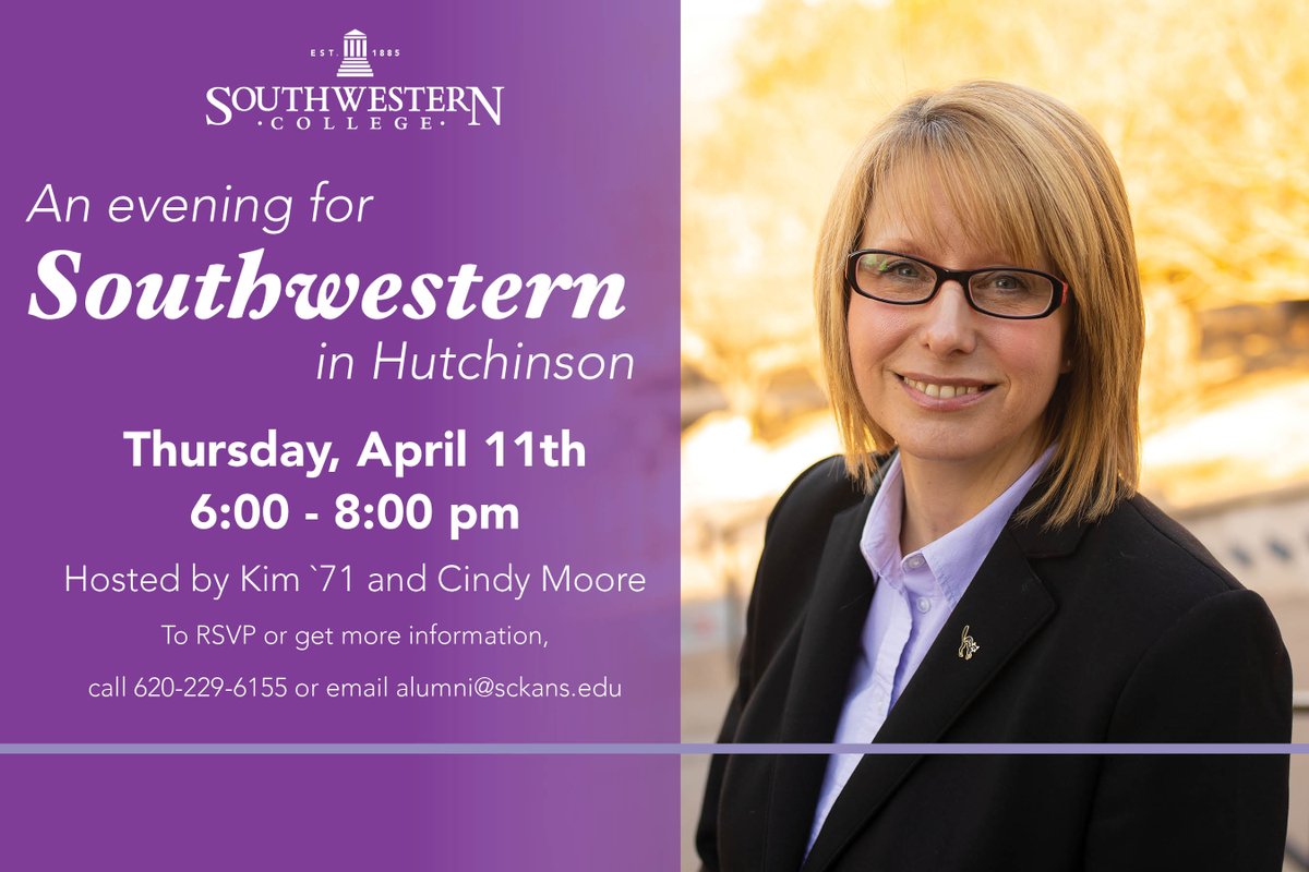 Southwestern College (@moundbuilders) on Twitter photo President Liz will be in Hutchinson next week on April 11th!
If you are interested in joining us that evening or would like to learn more information, email alumni@sckans.edu. President Liz will be in Hutchinson next week on April 11th!
If you are interested in joining us that evening or would like to learn more information, email alumni@sckans.edu.