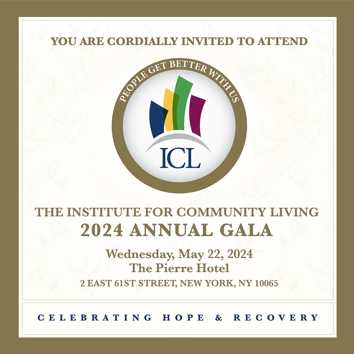 You're invited! Please join us at The Pierre Hotel on May 22 for a night Celebrating Hope & Recovery. People Get Better With Us, and we would love your support! Sponsorships, tables, and tickets available now on our website. For more information: iclinc.org/support-us/202…