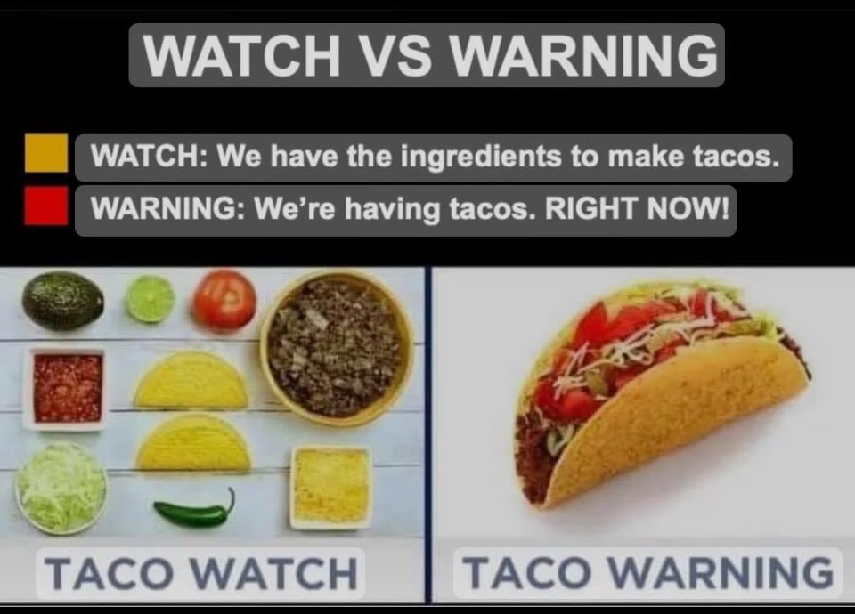 For those of you who can never remember the difference between a tornado watch, and a tornado warning. #TacoTuesday #TornadoWarning #TornadoWatch