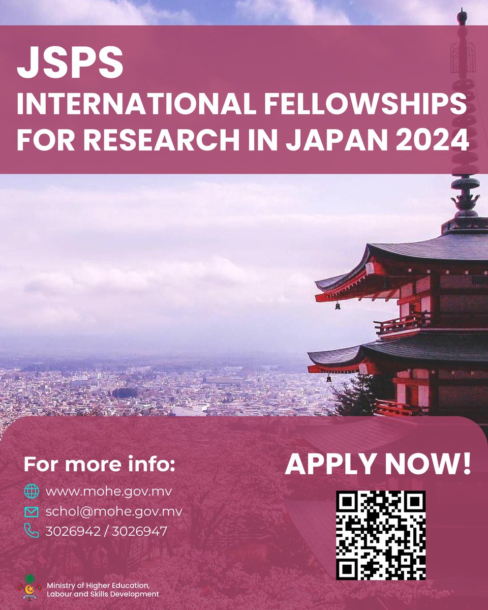 We are pleased to announce the opportunity to apply for the JSPS International Fellowships for Research in Japan 2024. Info: mohe.gov.mv/announcements/…