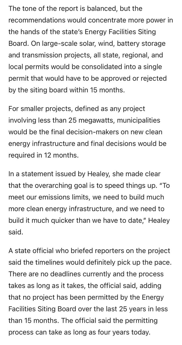 Permitting in Massachusetts: “There are no deadlines currently & the process takes as long as it takes. No project has been permitted by the Energy Facilities Siting Board over the last 25 years in less than 15 months. The permitting process can take as long as 4 years.”