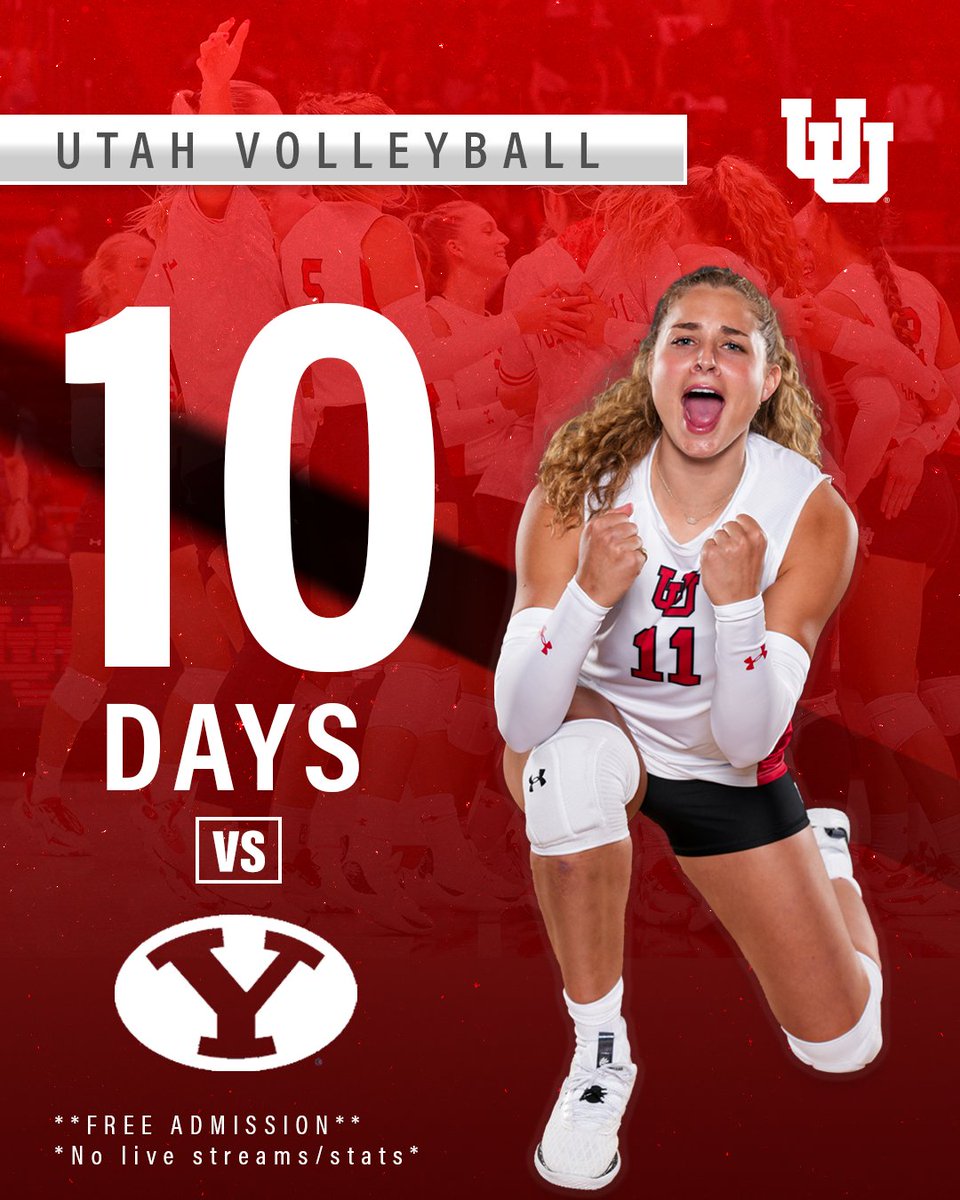 The countdown continues with only 1️⃣0️⃣ days until we make our return to the Huntsman Center 🙌 Hosting BYU at 5PM with our final match of the spring‼️ 🔴 ADMISSION IS FREE #GoUtes