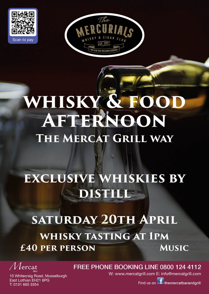 Our Whisky Tasting Lunch is on 20th April at 1pm.  Sample a special selection of single malt whiskies, dine on tasty tapas style food &amp; enjoy the live music.  

Book via MERCURIALS (stripe.com)
#whiskytasting #eastlothian #foodanddrink