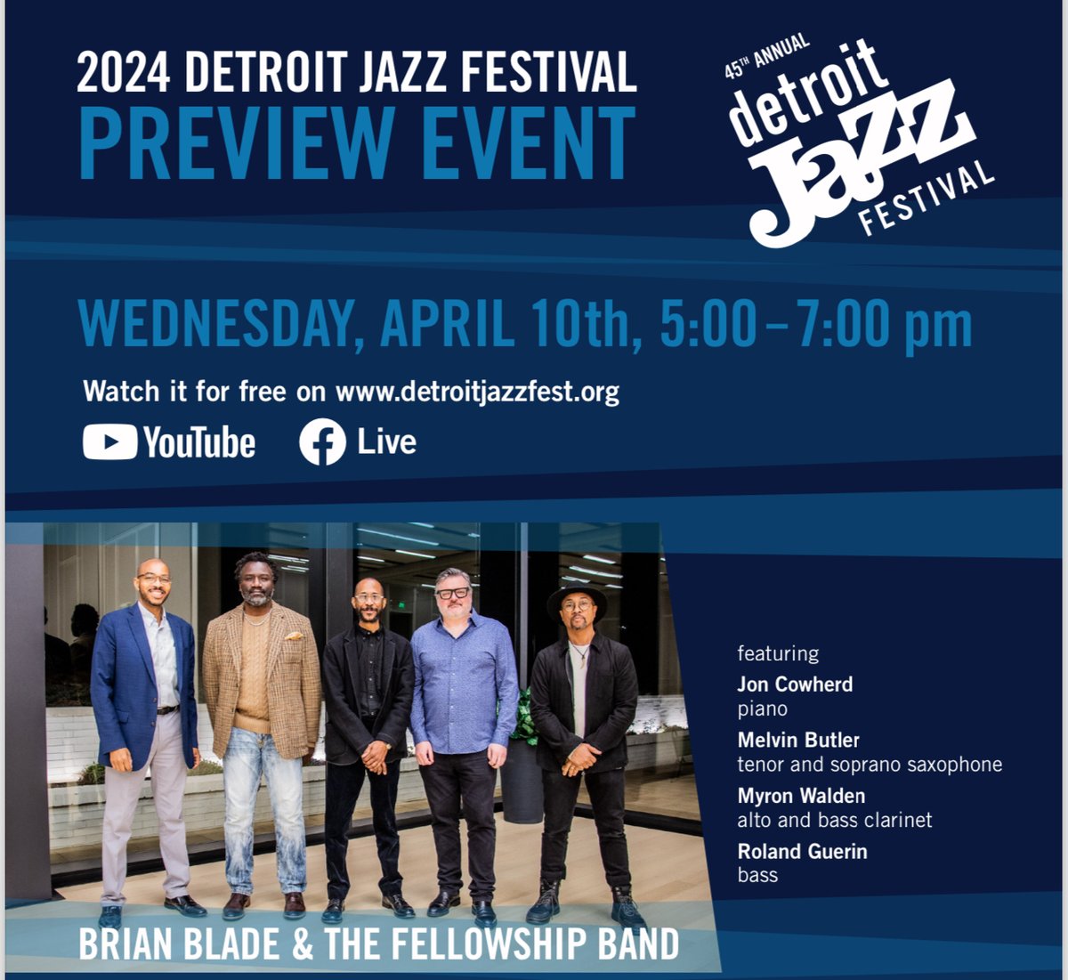 The countdown to the Detroit Jazz Festival starts April 10, with our Preview Event! Starting at 5 p.m. EDT, watch a performance by 2024 Artist in Residence @BrianBlade, along with the Fellowship Band. We'll also be announcing a partial lineup for Labor Day weekend, all FREE.