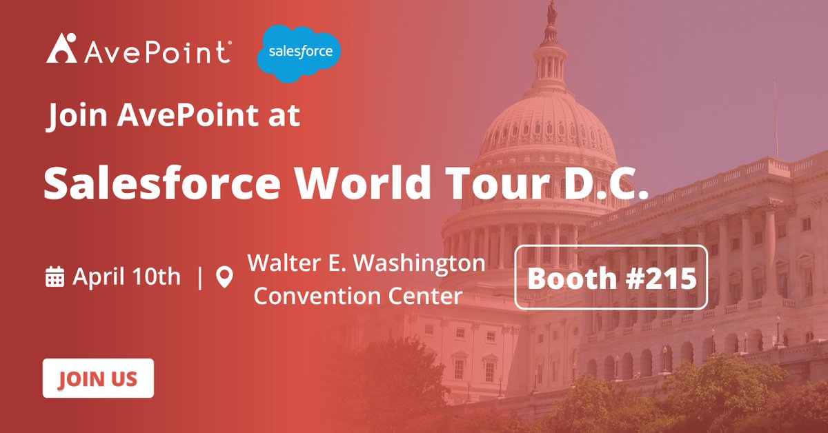 AvePoint's tweet image. AvePoint is thrilled to be a Navigator Sponsor at Salesforce World Tour DC on April 10th! 🚀 Join us at Booth #215 to learn how AvePoint secures your Salesforce data so you can collaborate with confidence. 👉👉 avpt.co/4azemiA #SalesforceBackup #SalesforceWorldTourDC
