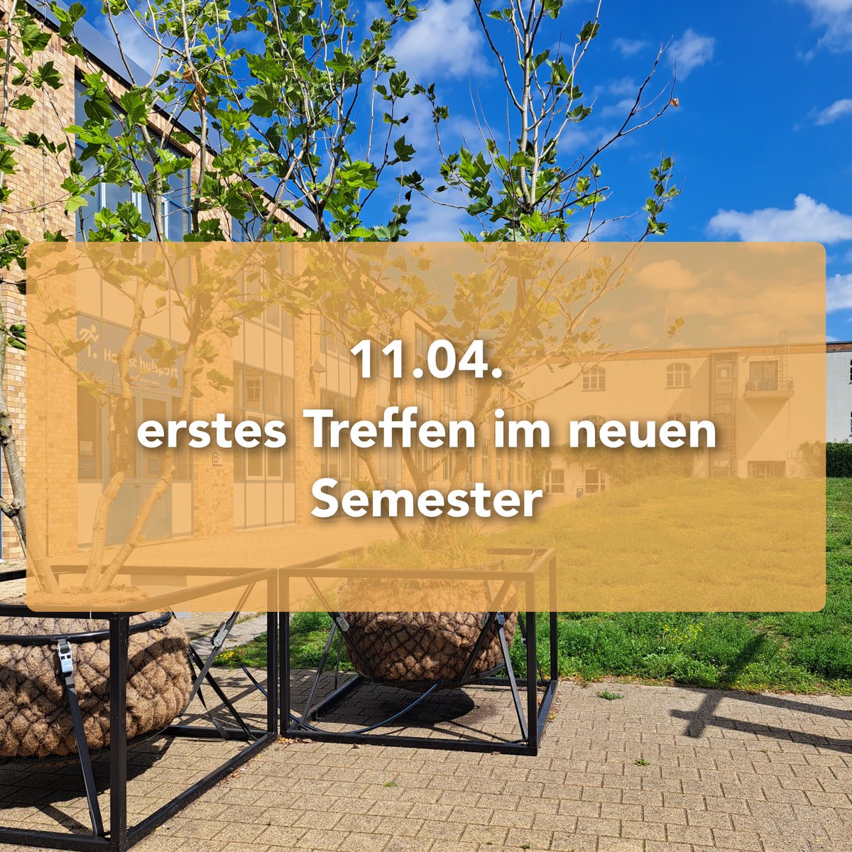 Sei bei unserem ersten Treffen im neuen Semester dabei, lerne uns und andere coole neue Leute kennen, erfahre mehr über unsere Projekte und wie Du mitmachen kannst. ☀️🌯🌱

WANN?
11.04. um 17:30 Uhr

WO?
Campus WH, Gebäude B, Eingang gegenüber Pförtner, zweite Etage