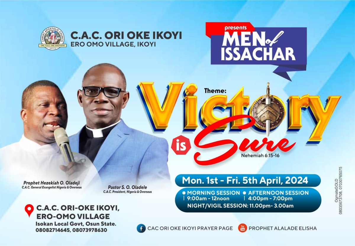 prophethezekiah's tweet photo. Do you know with Jesus Ahead of us, Victory is Sure?
Join me tomorrow online and onsite as Jesus imparts us all with spiritual gifts like The Men of Issachar.
#menofissachar
#VictoryIsSure
#ikoyimountain
#revival
#officialprophethezekiah
#PHMedia https://t.co/0FJEo0cttm