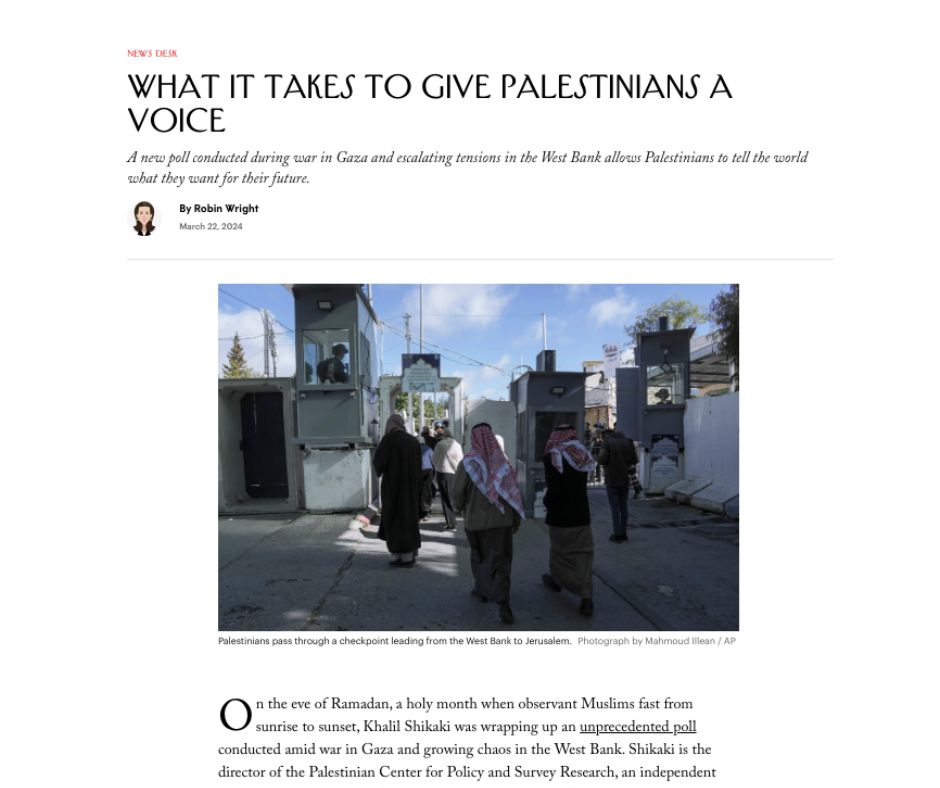 Check out the @NewYorker piece featuring @CrownCenterMES' @KShikaki on 'What It Takes to Give Palestinians a Voice' — visit tinyurl.com/53ackcm4 to read now. @PCPSR1 @wrightr @ArabBarometer