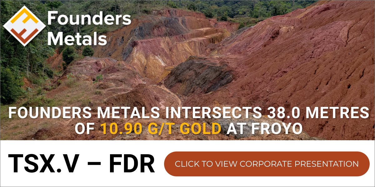 FOUNDERS METALS INTERSECTS 38.0 METRES OF 10.90 G/T GOLD AT FROYO Read More: fdrmetals.com/news/founders-… $FDR.V $FDMIF #gold #foundersmetals #goldexploration #tsxv #otcqx #mining #highgradegold #suriname #drillresults #assayresults