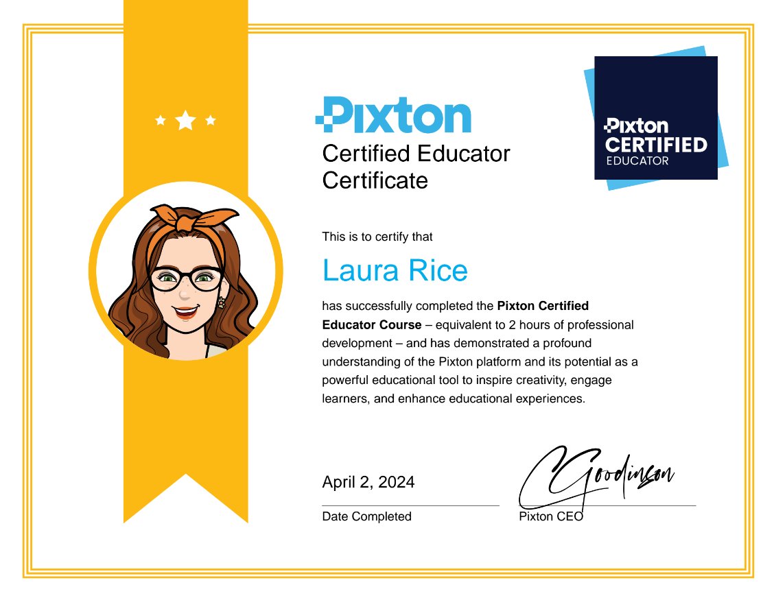 Excited to share @Pixton's new Certified Educator Course! This course included awesome information that was well-organized! Proud to be a Pixton Certified Educator! #pixton #edtech #pixtoncertifiededucator