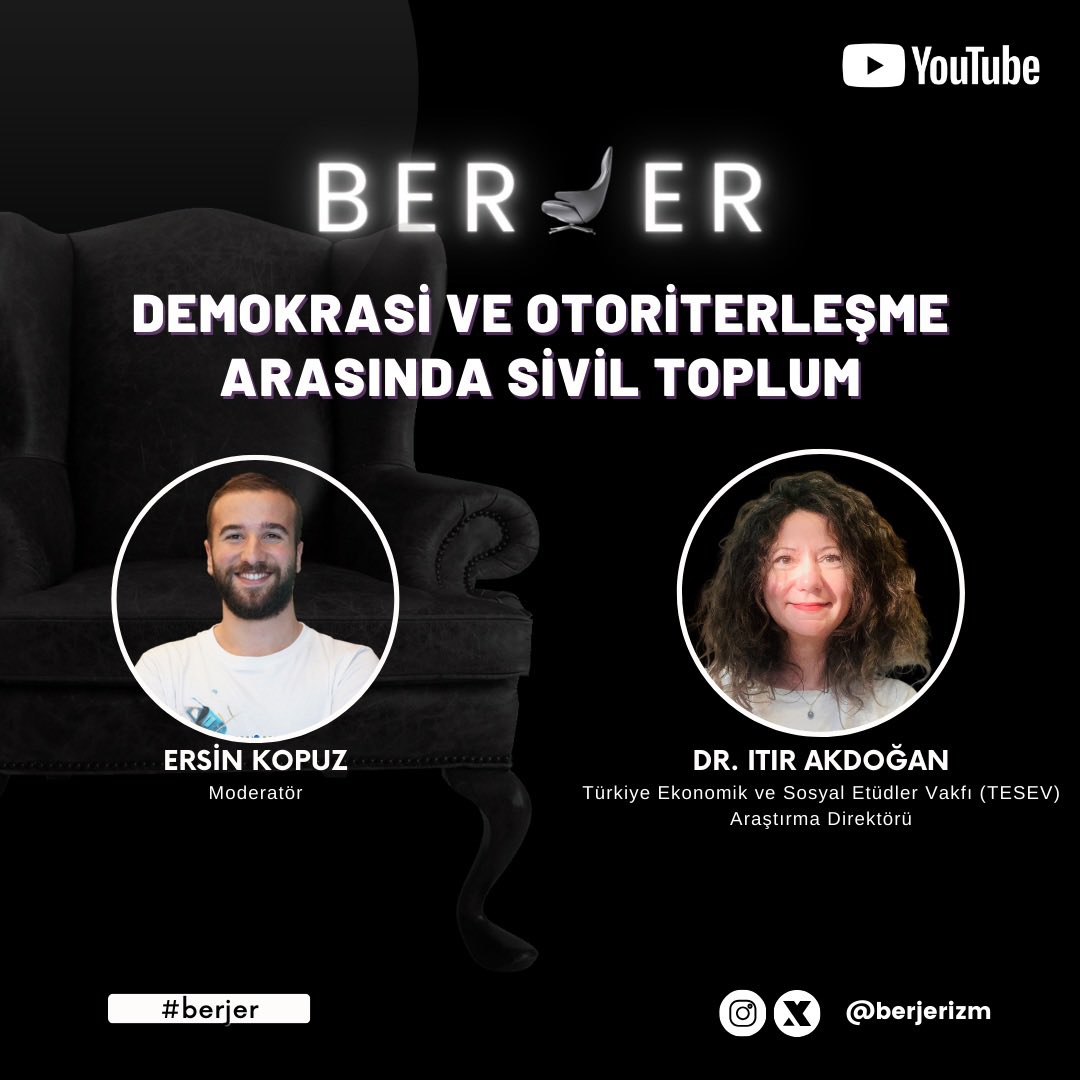 berjerizm's tweet image. 🛋 #Berjer 

📢 Demokrasi ve Otoriterleşme Arasında Sivil Toplum

Ersin Kopuz (@ersinkopuz ) moderatörlüğünde TESEV (@TESEV2015 ) Araştırma Direktörü Dr. Itır Akdoğan’ın (@itirakdogan ) konuk olduğu Berjer’de sivil toplumu ele aldık. 

📺 youtu.be/r8JS4FSeE-o?si…